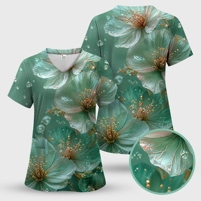 Elegant Mint Blossom Dewdrop Pattern Scrub Top, Comfortable Scrubs for Nurses