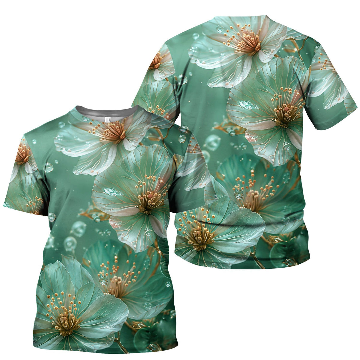 Elegant Mint Blossom Dewdrop Pattern Scrub Top, Comfortable Scrubs for Nurses