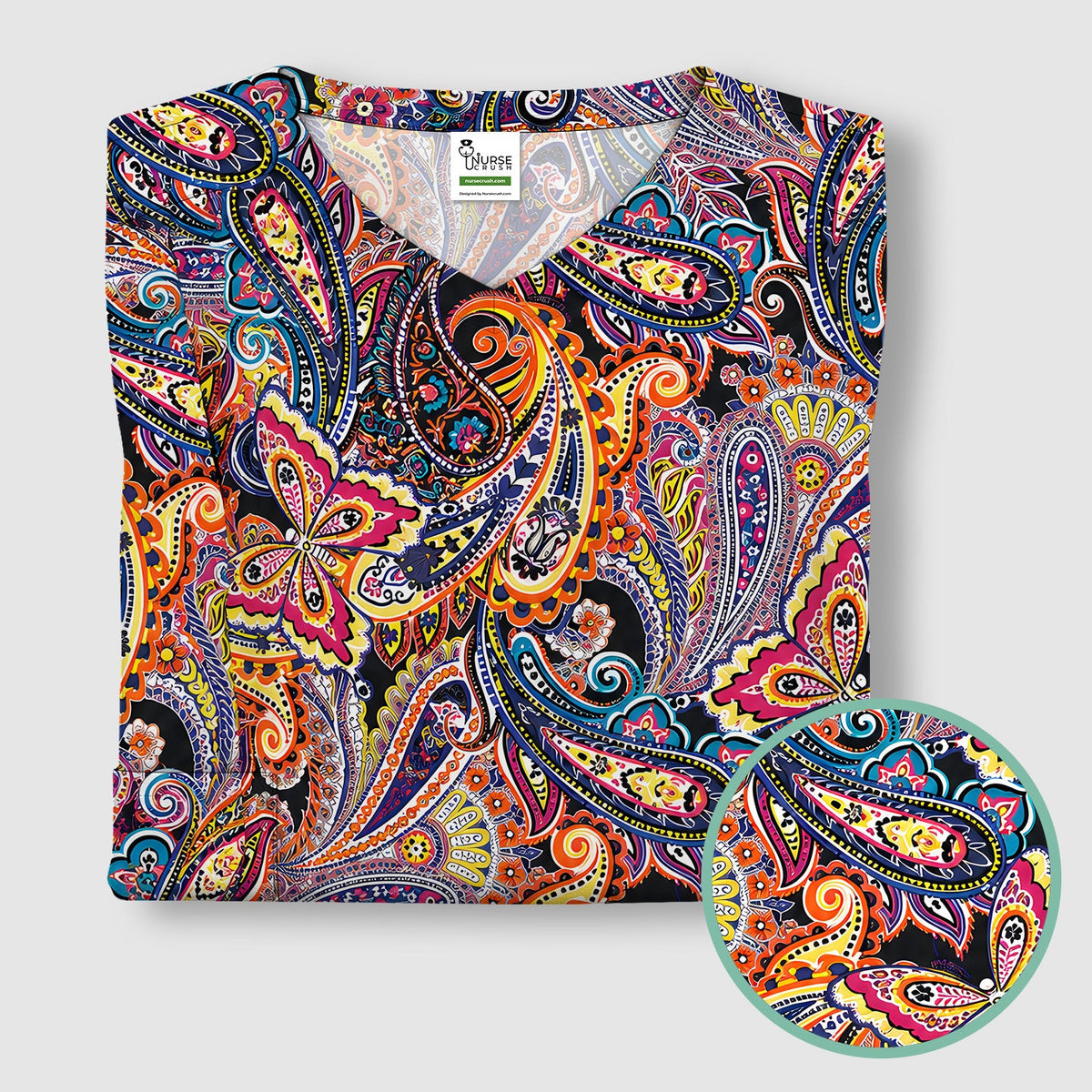 Colorful Bohemian Paisley Floral Pattern Scrub Top, Comfortable Scrubs for Nurses