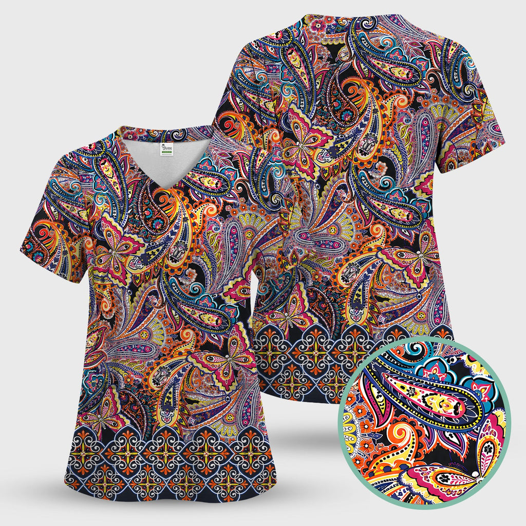 Colorful Bohemian Paisley Floral Pattern Scrub Top, Comfortable Scrubs for Nurses
