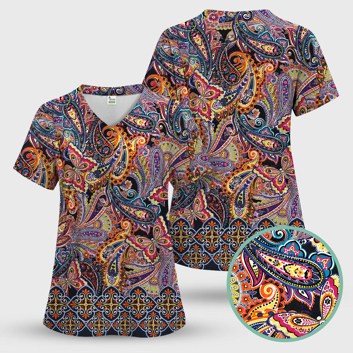 Colorful Bohemian Paisley Floral Pattern Scrub Top, Comfortable Scrubs for Nurses