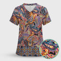 Colorful Bohemian Paisley Floral Pattern Scrub Top, Comfortable Scrubs for Nurses