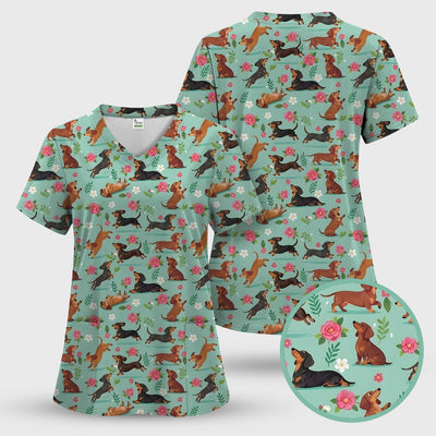 Cute Floral Dachshund Puppy Pattern Scrub Top, Comfortable Scrubs for Nurses