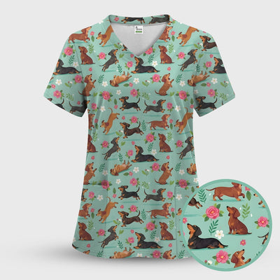 Cute Floral Dachshund Puppy Pattern Scrub Top, Comfortable Scrubs for Nurses