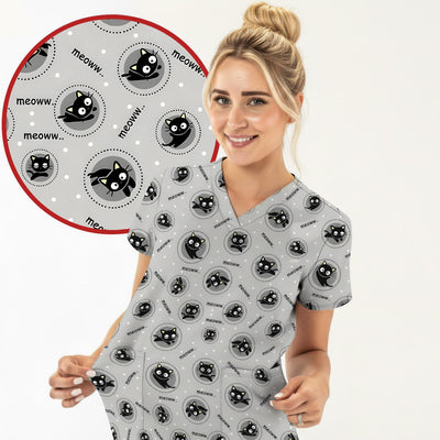 Funny Black Cat Meow Pattern Scrub Top, Comfortable Scrubs for Nurses