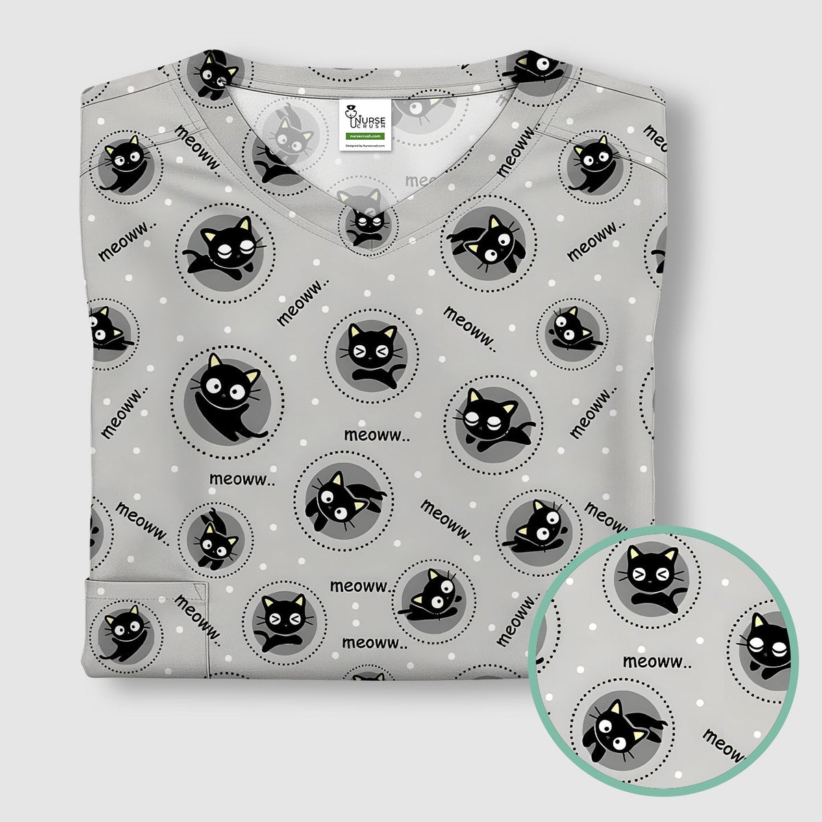 Funny Black Cat Meow Pattern Scrub Top, Comfortable Scrubs for Nurses