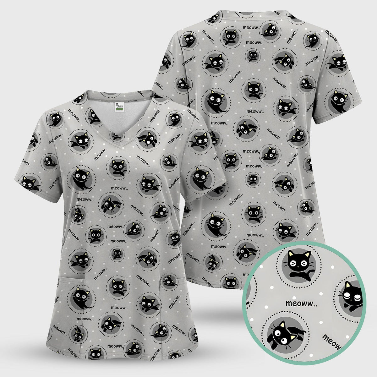 Funny Black Cat Meow Pattern Scrub Top, Comfortable Scrubs for Nurses