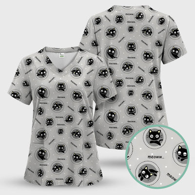 Funny Black Cat Meow Pattern Scrub Top, Comfortable Scrubs for Nurses