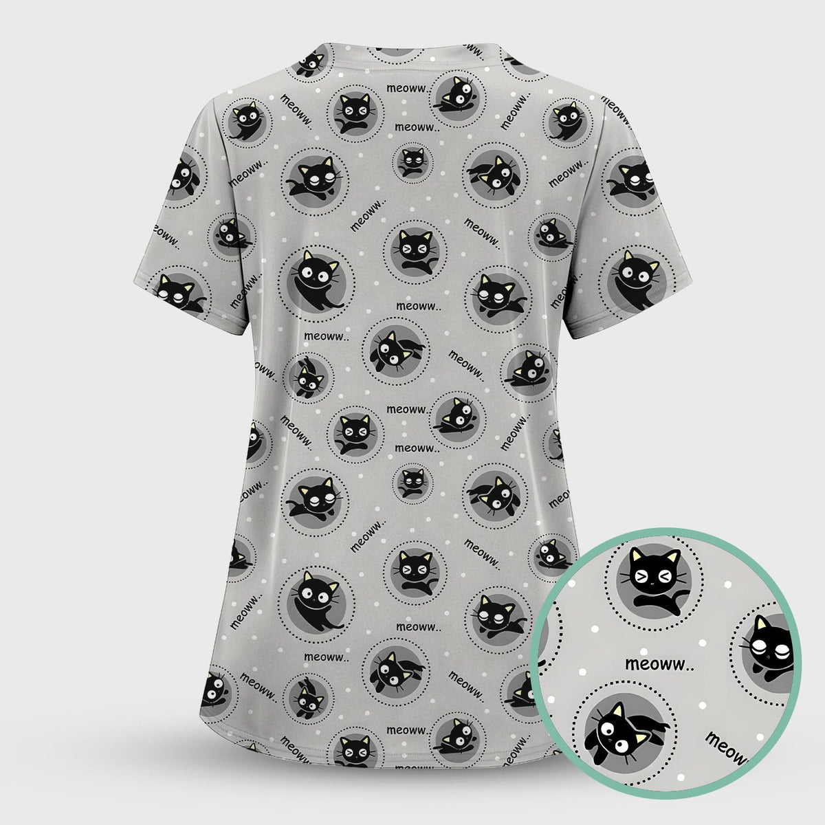 Funny Black Cat Meow Pattern Scrub Top, Comfortable Scrubs for Nurses