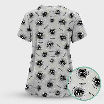 Funny Black Cat Meow Pattern Scrub Top, Comfortable Scrubs for Nurses