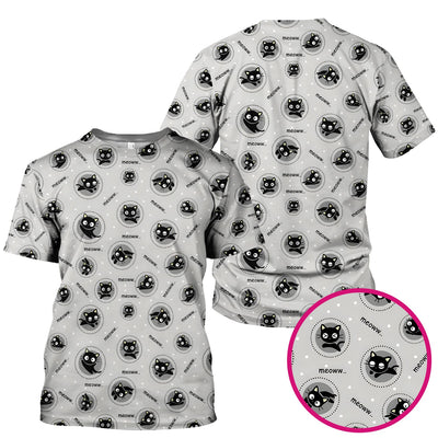 Funny Black Cat Meow Pattern Scrub Top, Comfortable Scrubs for Nurses