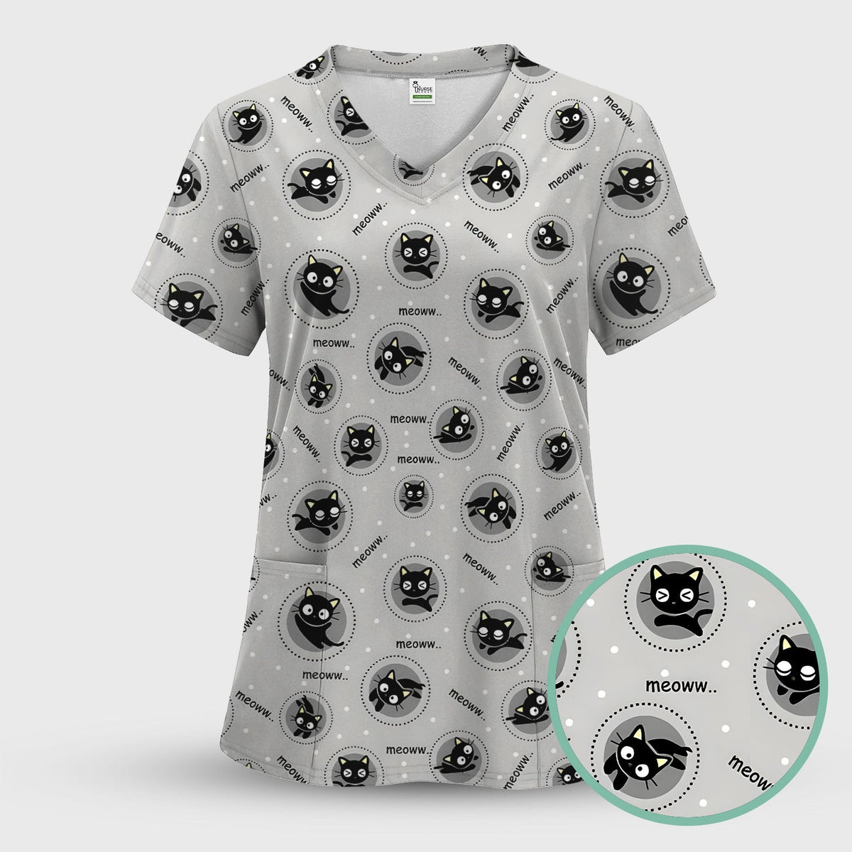 Funny Black Cat Meow Pattern Scrub Top, Comfortable Scrubs for Nurses