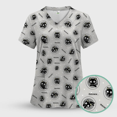 Funny Black Cat Meow Pattern Scrub Top, Comfortable Scrubs for Nurses