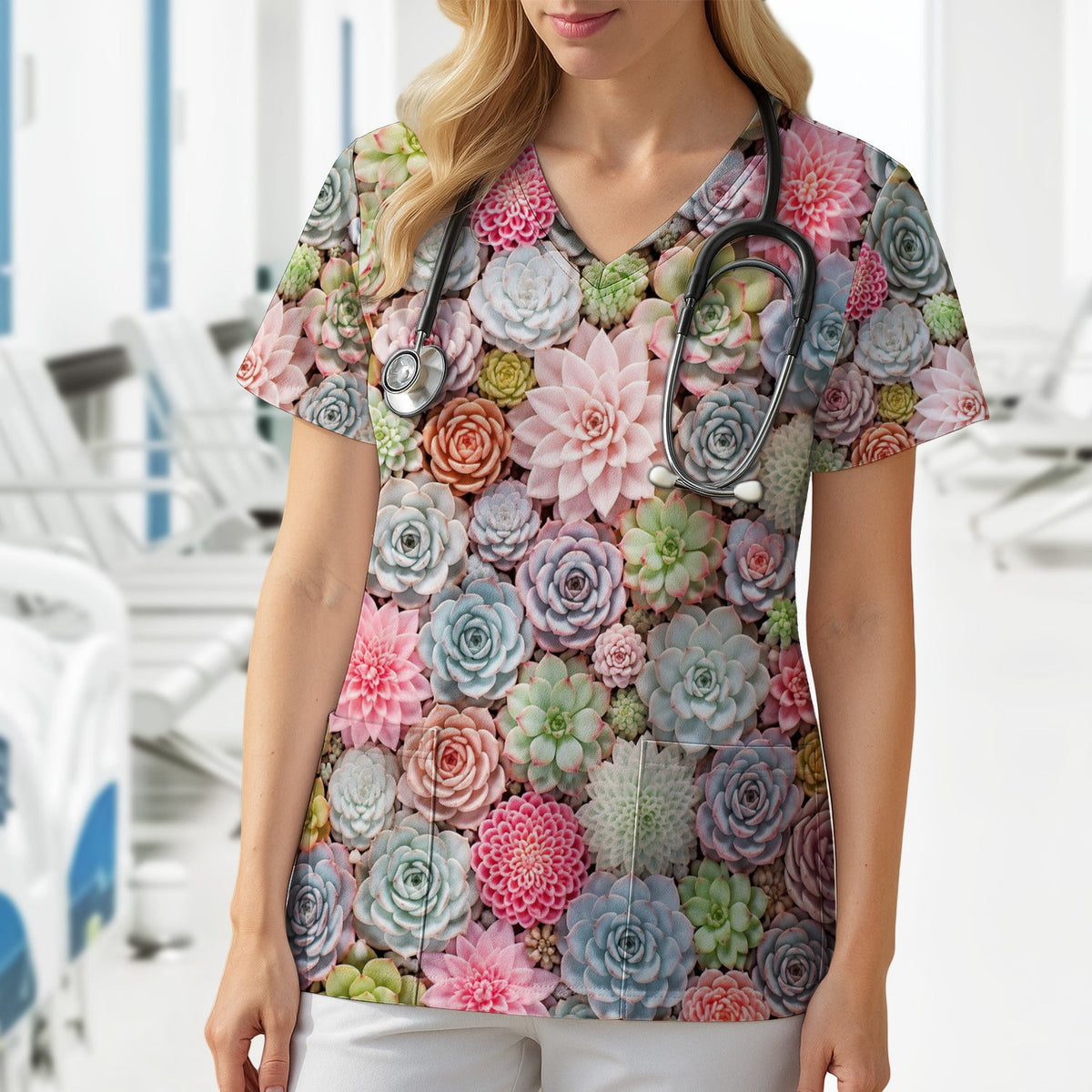 Cute Pastel Succulent Blossom Pattern Scrub Top, Comfortable Scrubs for Nurses