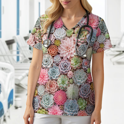 Cute Pastel Succulent Blossom Pattern Scrub Top, Comfortable Scrubs for Nurses