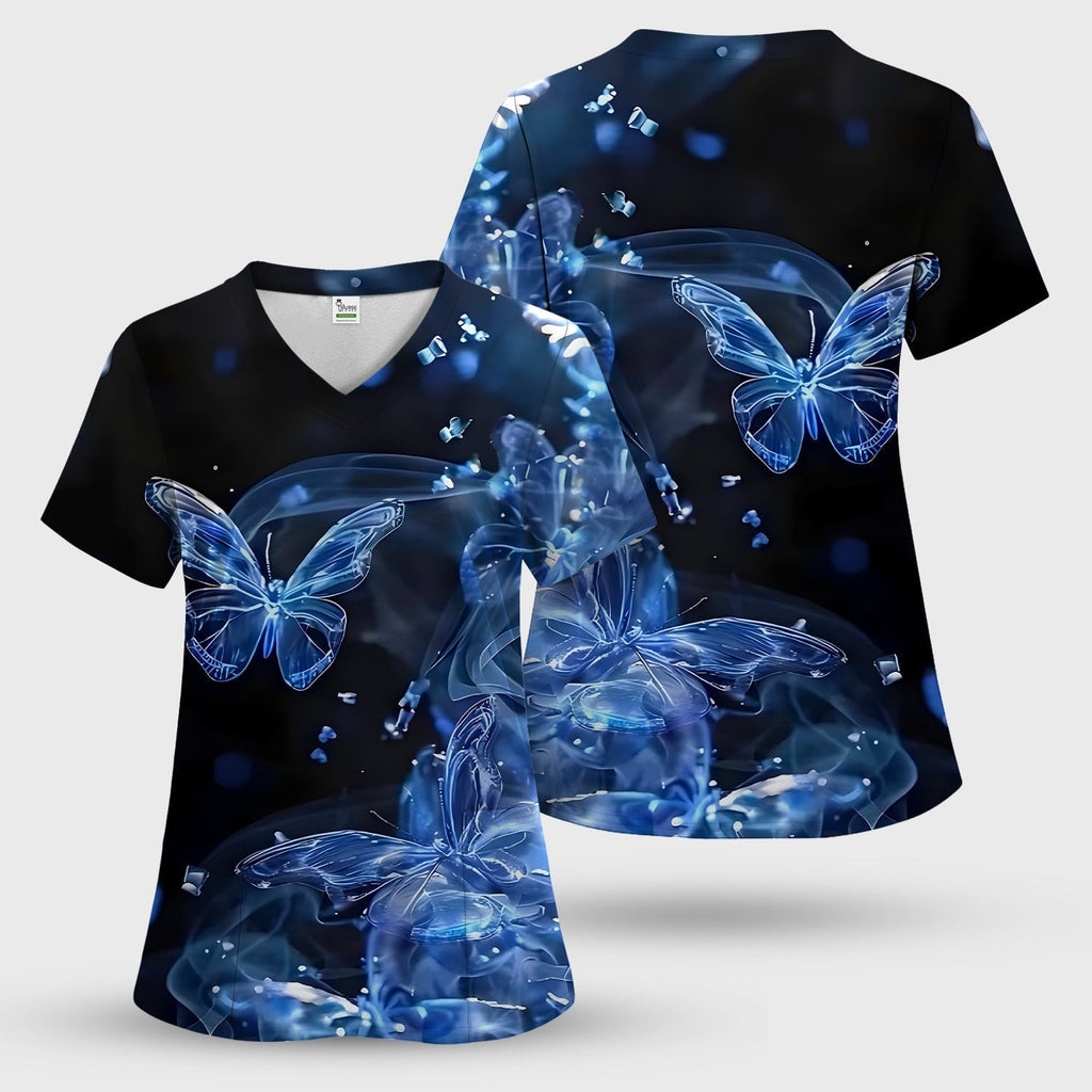 Glowing Blue Butterfly Garden Pattern Scrub Top, Comfortable Scrubs for Nurses