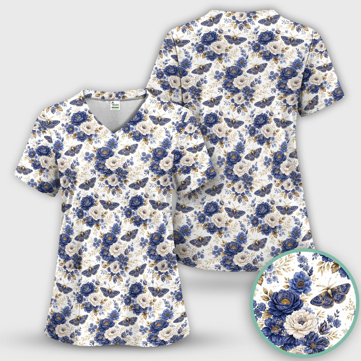 Cute Blue Floral Moth Pattern Scrub Top, Comfortable Scrubs for Nurses