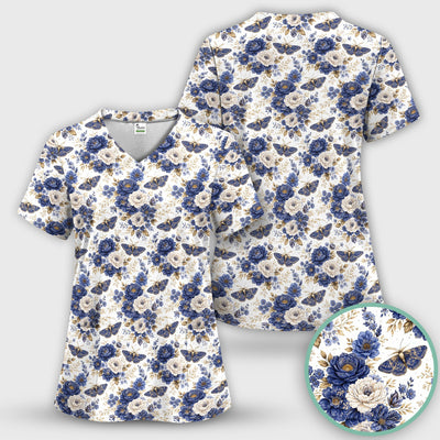 Cute Blue Floral Moth Pattern Scrub Top, Comfortable Scrubs for Nurses