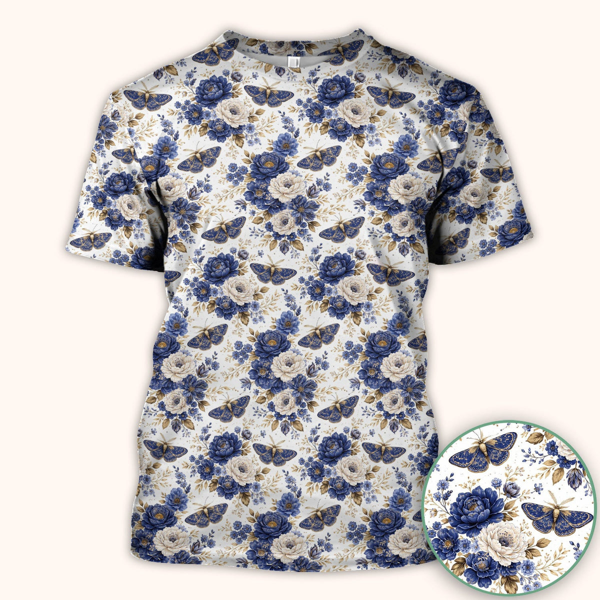 Cute Blue Floral Moth Pattern Scrub Top, Comfortable Scrubs for Nurses