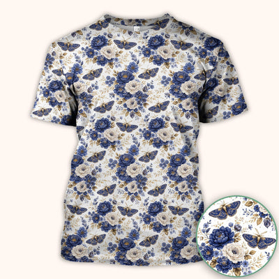 Cute Blue Floral Moth Pattern Scrub Top, Comfortable Scrubs for Nurses