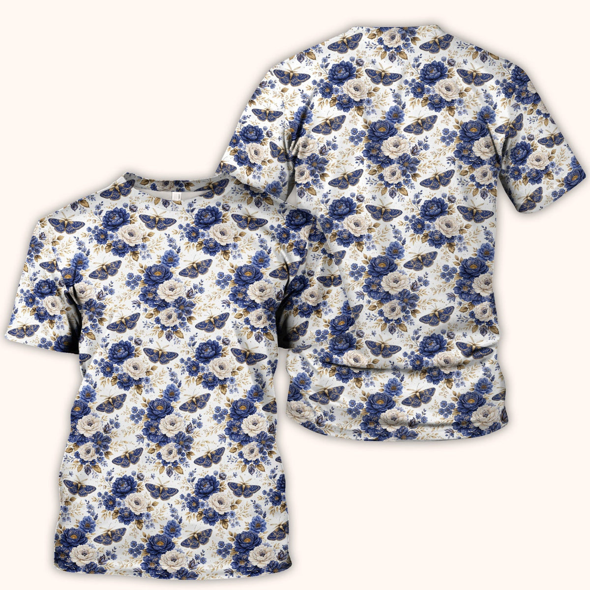 Cute Blue Floral Moth Pattern Scrub Top, Comfortable Scrubs for Nurses