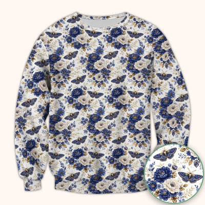 Cute Blue Floral Moth Pattern Scrub Top, Comfortable Scrubs for Nurses