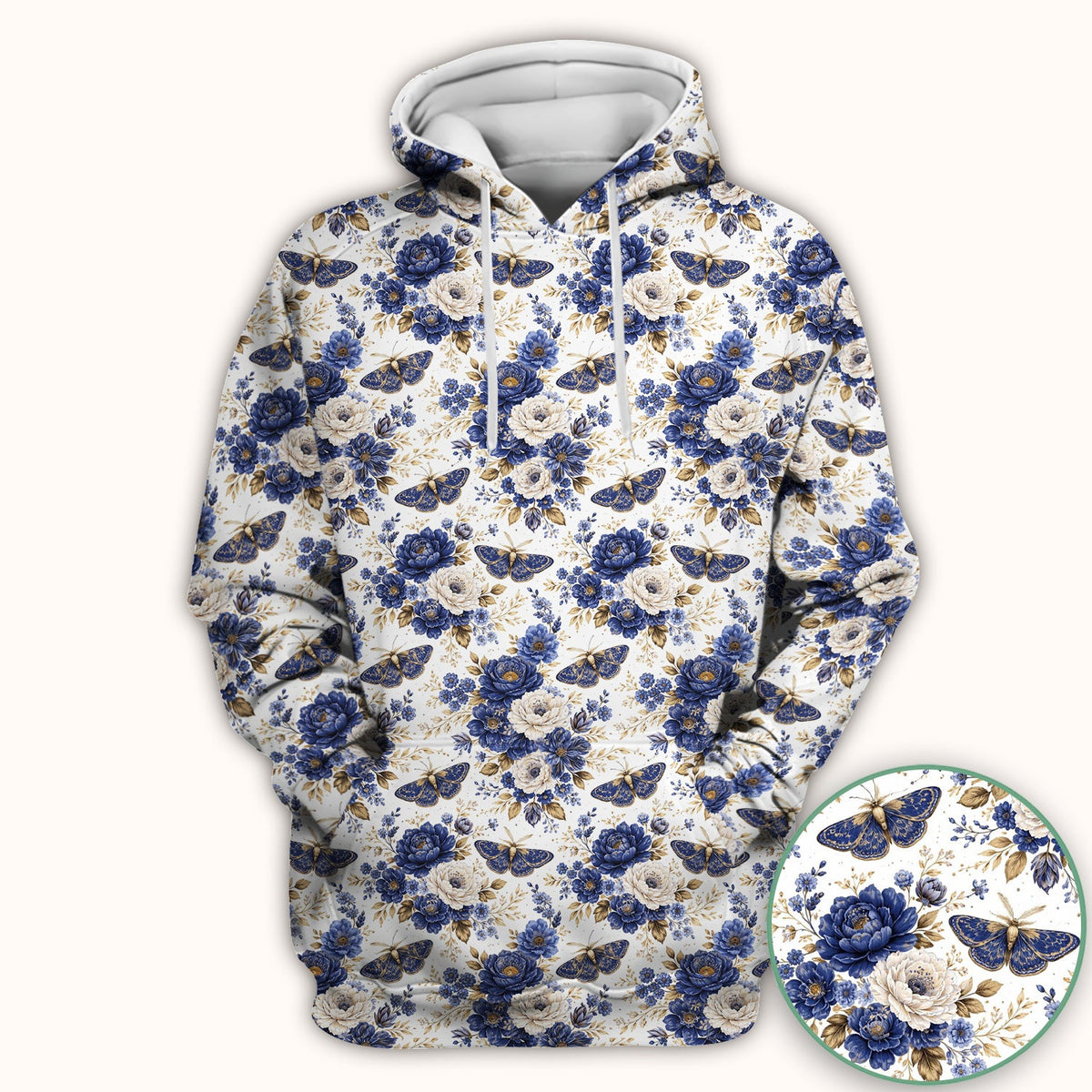 Cute Blue Floral Moth Pattern Scrub Top, Comfortable Scrubs for Nurses