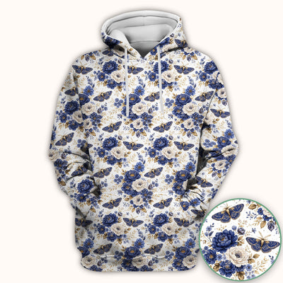 Cute Blue Floral Moth Pattern Scrub Top, Comfortable Scrubs for Nurses