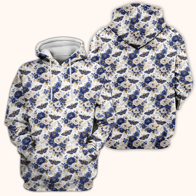 Cute Blue Floral Moth Pattern Scrub Top, Comfortable Scrubs for Nurses