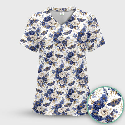Cute Blue Floral Moth Pattern Scrub Top, Comfortable Scrubs for Nurses
