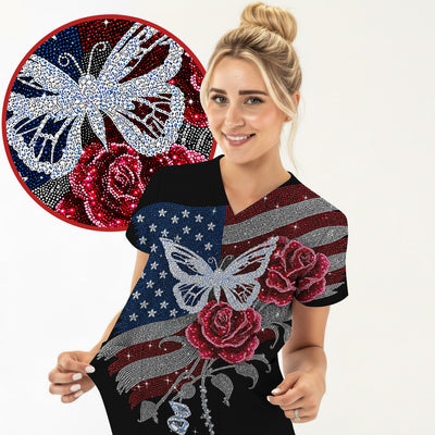 Patriotic Butterfly Rose Flag Print Scrub Top, Comfortable Scrubs for Nurses