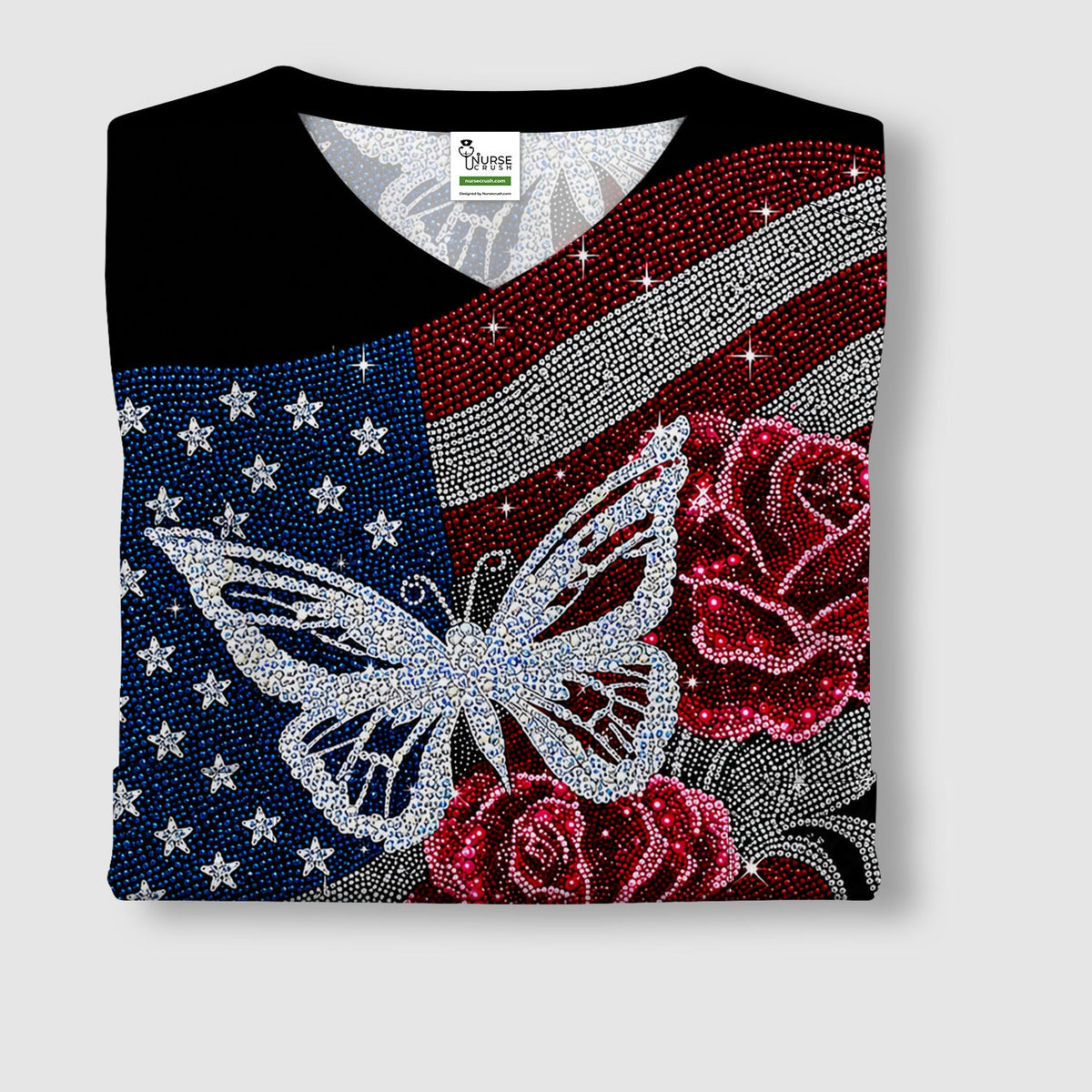 Patriotic Butterfly Rose Flag Print Scrub Top, Comfortable Scrubs for Nurses