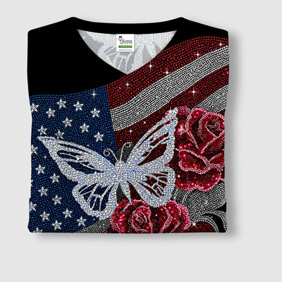 Patriotic Butterfly Rose Flag Print Scrub Top, Comfortable Scrubs for Nurses