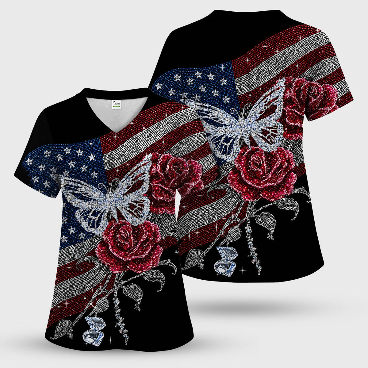 Patriotic Butterfly Rose Flag Print Scrub Top, Comfortable Scrubs for Nurses