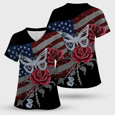 Patriotic Butterfly Rose Flag Print Scrub Top, Comfortable Scrubs for Nurses