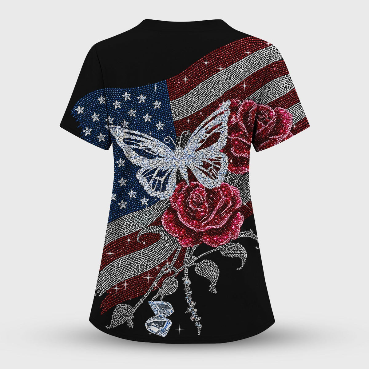 Patriotic Butterfly Rose Flag Print Scrub Top, Comfortable Scrubs for Nurses