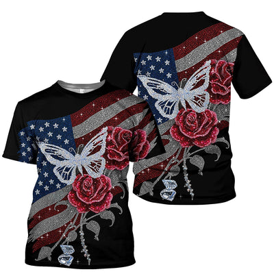 Patriotic Butterfly Rose Flag Print Scrub Top, Comfortable Scrubs for Nurses