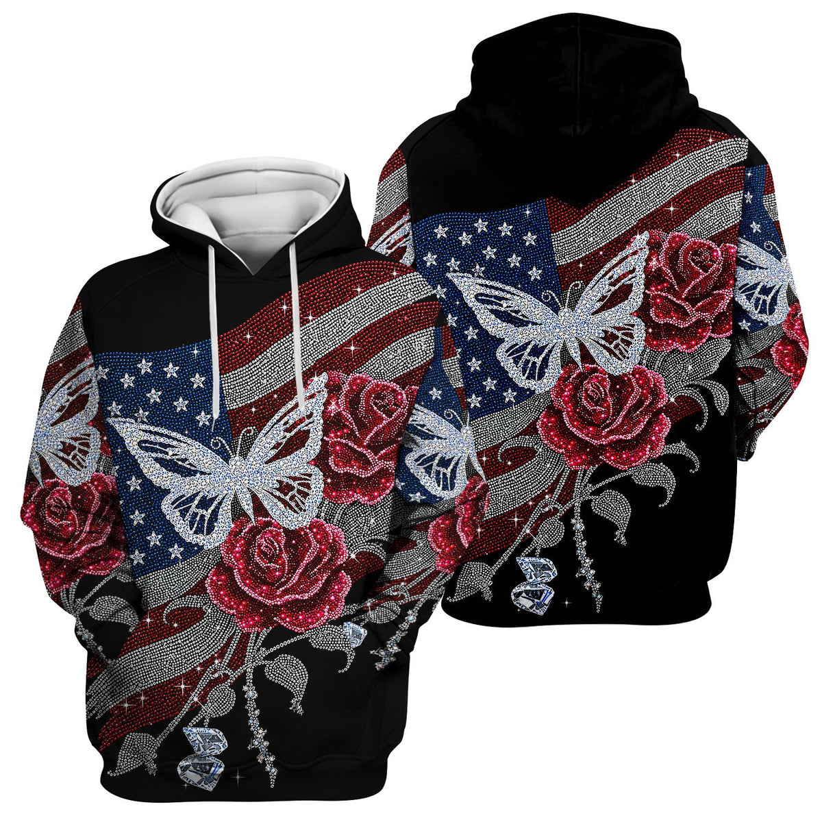 Patriotic Butterfly Rose Flag Print Scrub Top, Comfortable Scrubs for Nurses