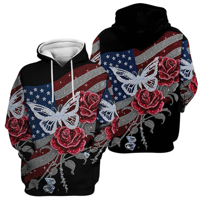 Patriotic Butterfly Rose Flag Print Scrub Top, Comfortable Scrubs for Nurses