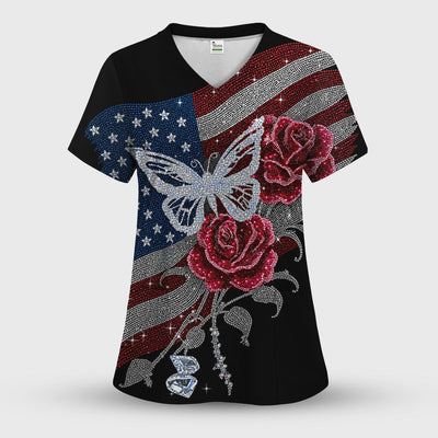 Patriotic Butterfly Rose Flag Print Scrub Top, Comfortable Scrubs for Nurses