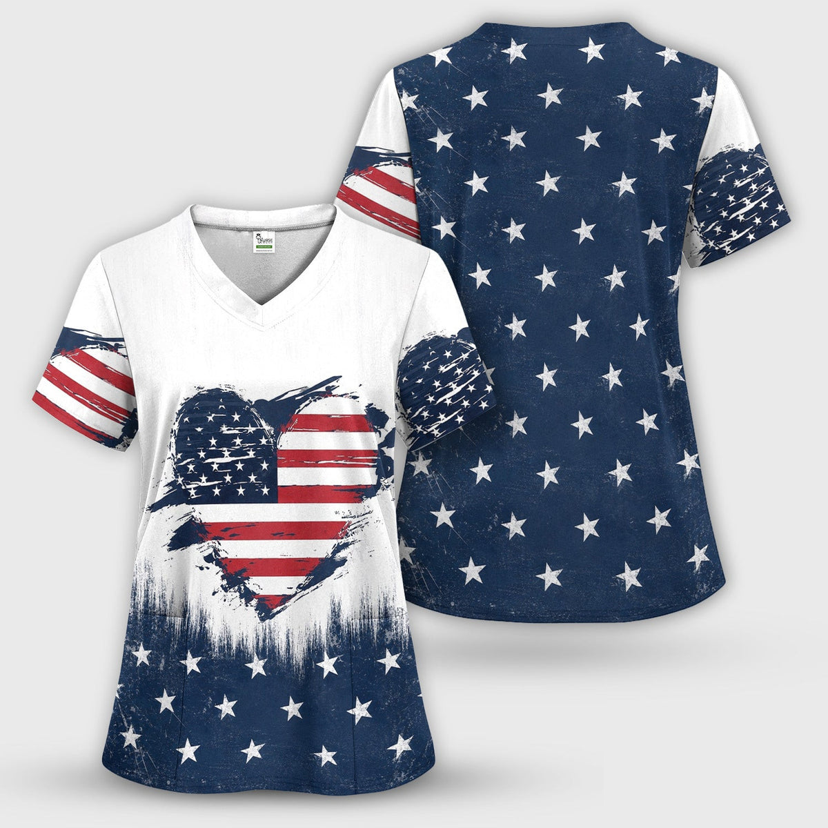 Patriotic Nurse Adorable Scrub Top USA Heart Pattern Scrub Top, Comfortable Scrubs for Nurses