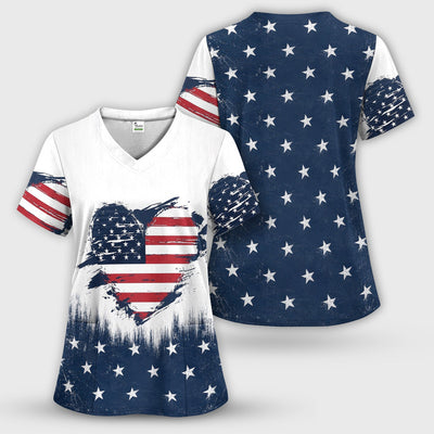 Patriotic Nurse Adorable Scrub Top USA Heart Pattern Scrub Top, Comfortable Scrubs for Nurses