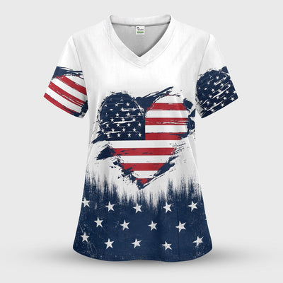 Patriotic Nurse Adorable Scrub Top USA Heart Pattern Scrub Top, Comfortable Scrubs for Nurses