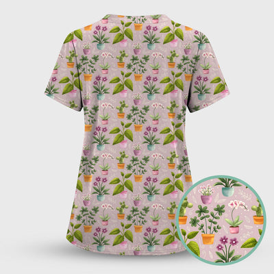 Potted Plant Orchid Cactus Pattern Scrub Top, Comfortable Scrubs for Nurses