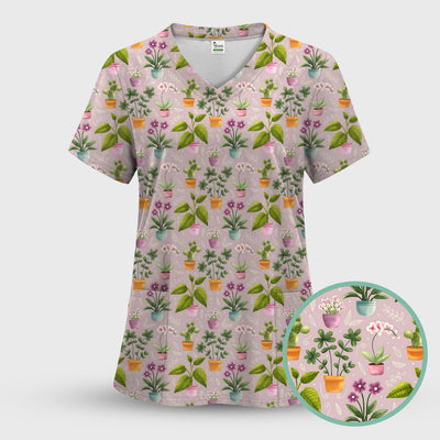 Potted Plant Orchid Cactus Pattern Scrub Top, Comfortable Scrubs for Nurses