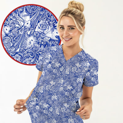 Blue Toile Opossum Floral Pattern Scrub Top, Comfortable Scrubs for Nurses