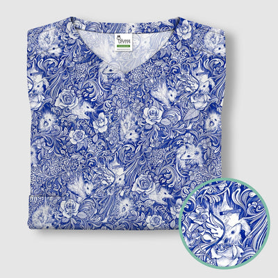 Blue Toile Opossum Floral Pattern Scrub Top, Comfortable Scrubs for Nurses
