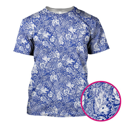 Blue Toile Opossum Floral Pattern Scrub Top, Comfortable Scrubs for Nurses
