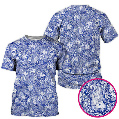 Blue Toile Opossum Floral Pattern Scrub Top, Comfortable Scrubs for Nurses