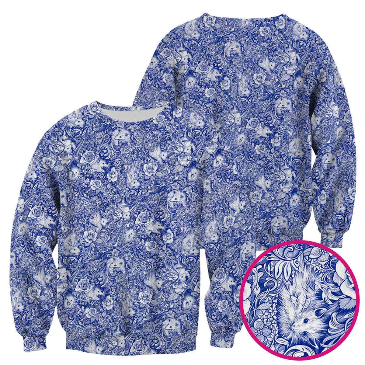 Blue Toile Opossum Floral Pattern Scrub Top, Comfortable Scrubs for Nurses